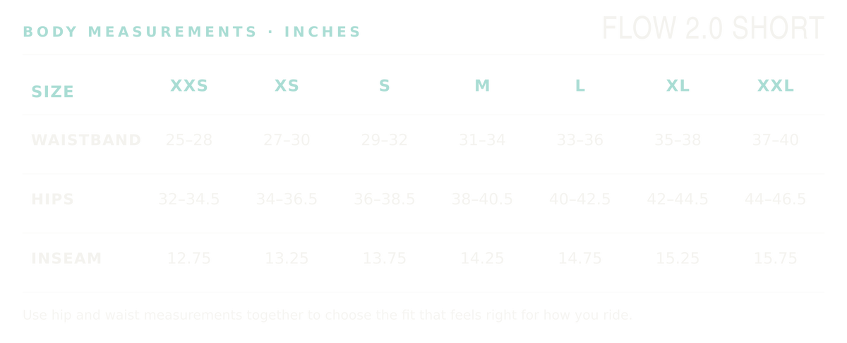 FLOW 2.0 Short body measurements in inches, sizes XXS through XXL