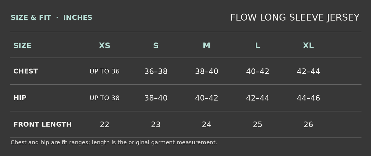 FLOW Long Sleeve Jersey size chart in inches for XS, S, M, L, and XL