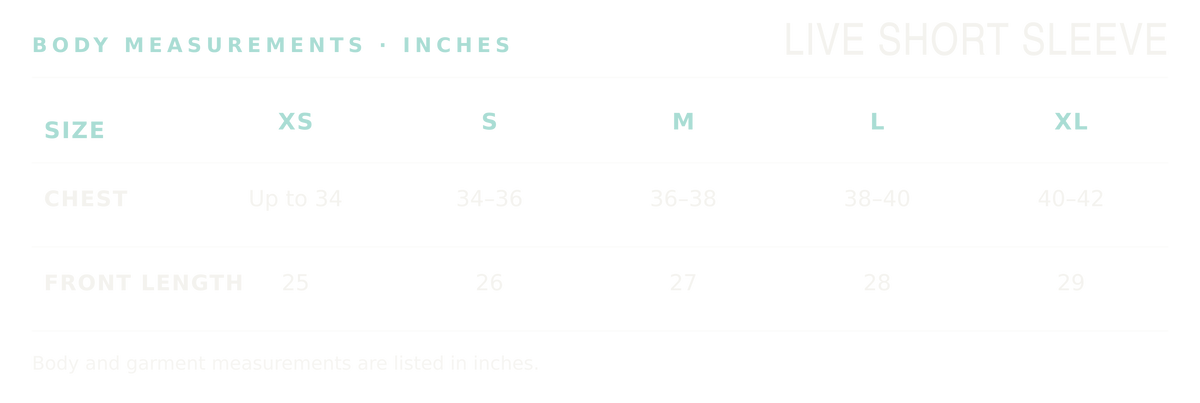 Live Short Sleeve body and garment measurements in inches, sizes XS through XL