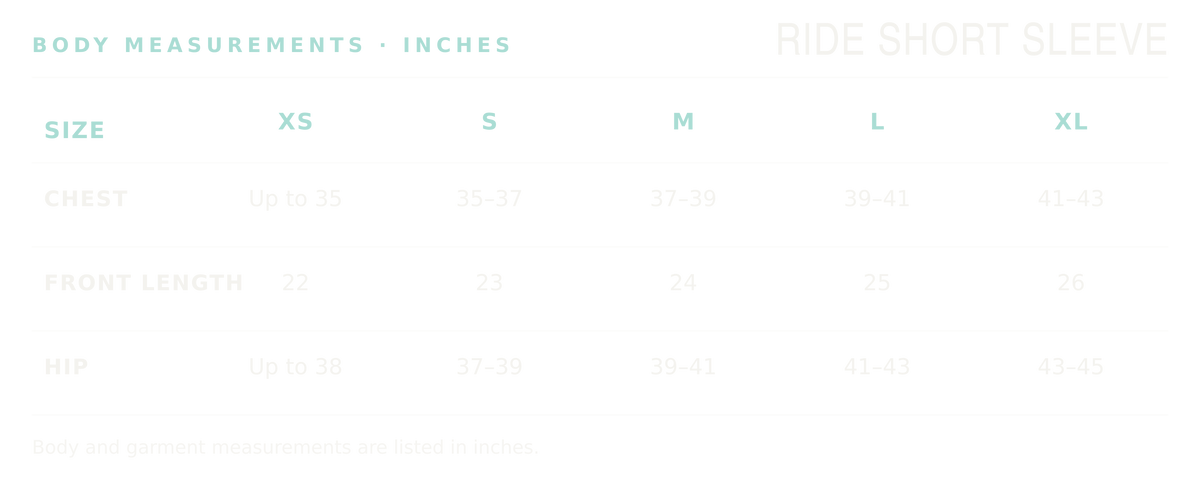 Ride Short Sleeve body and garment measurements in inches, sizes XS through XL