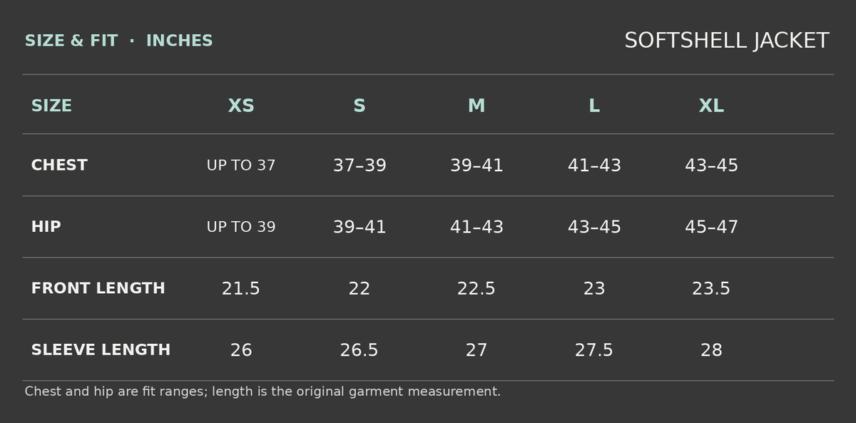Softshell Jacket size chart in inches for XS, S, M, L, and XL