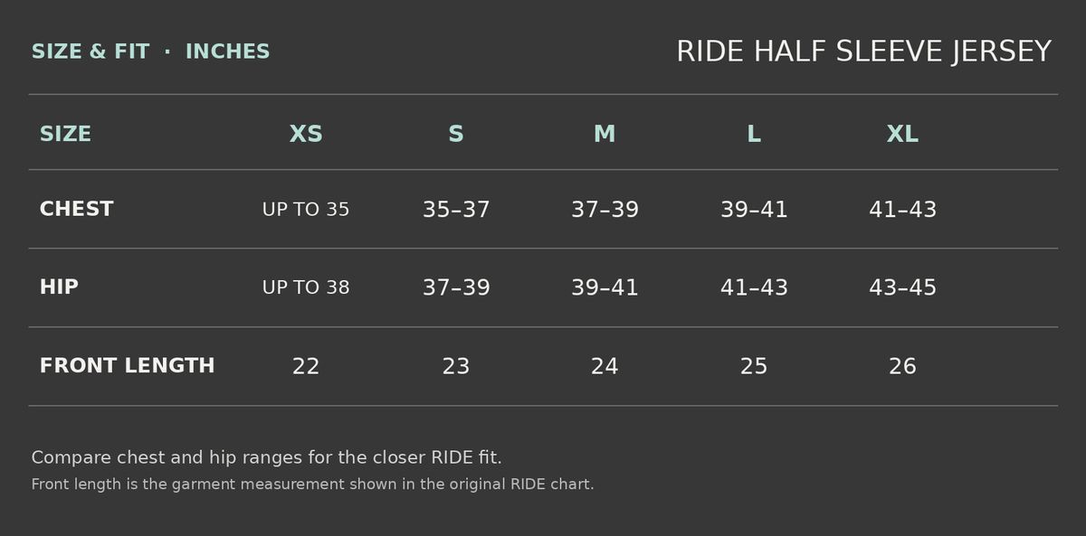 RIDE half sleeve jersey chest, hip, and front length measurements in inches, sizes XS through XL