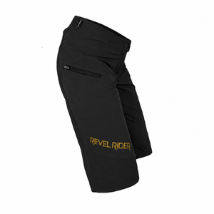 FLOW 2.0 women's mountain bike shorts in 24K Black, side angle with gold Revel Rider logo