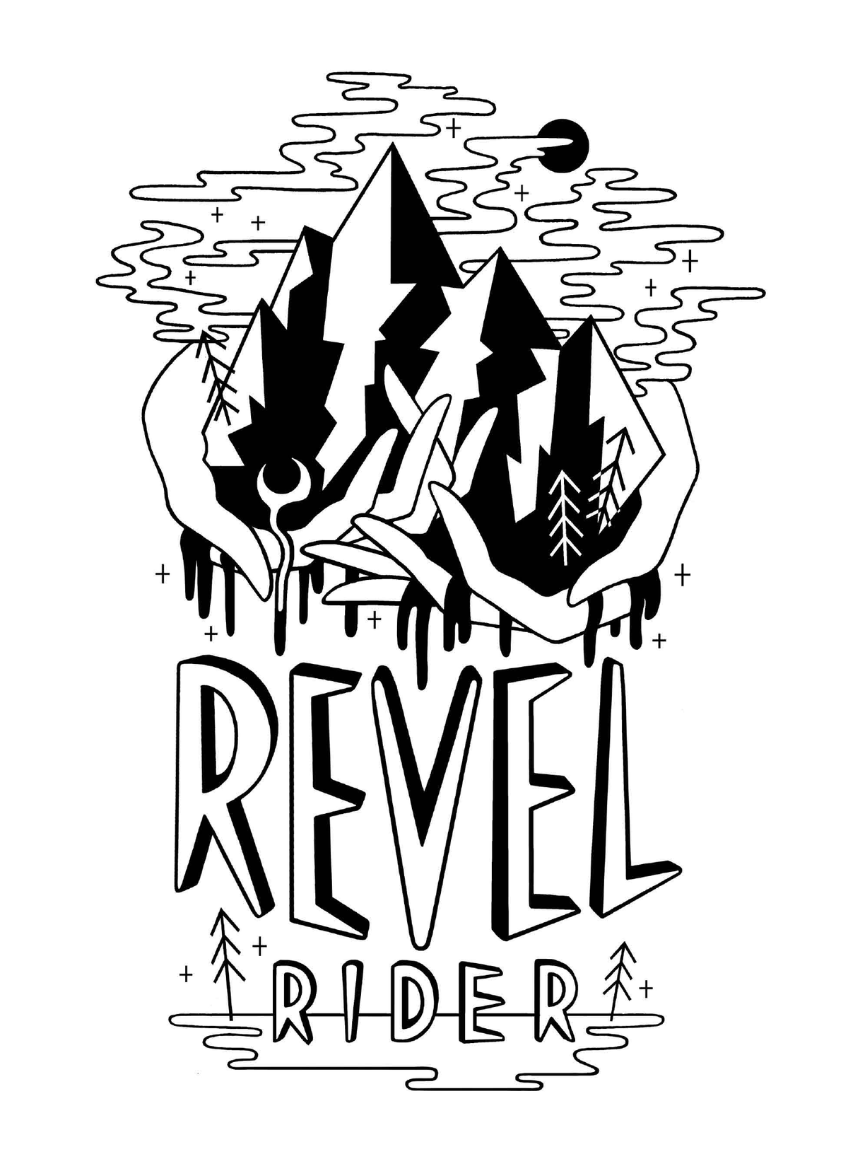 Melting Mountains Revel Rider graphic with mountains, trees and rider lettering