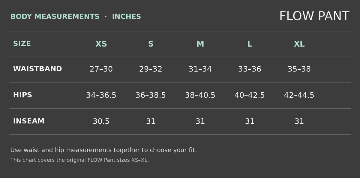 Original FLOW Pant body measurements in inches, sizes XS through XL