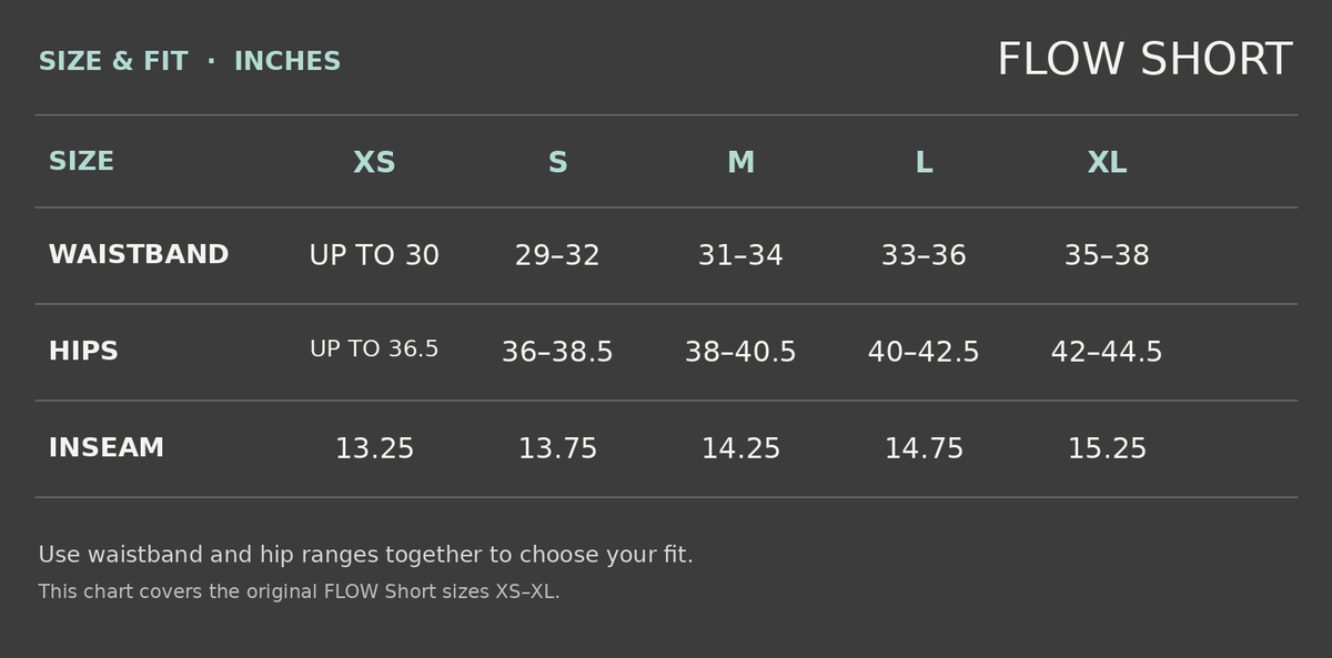 Original FLOW Short waistband, hip, and inseam measurements in inches, sizes XS through XL