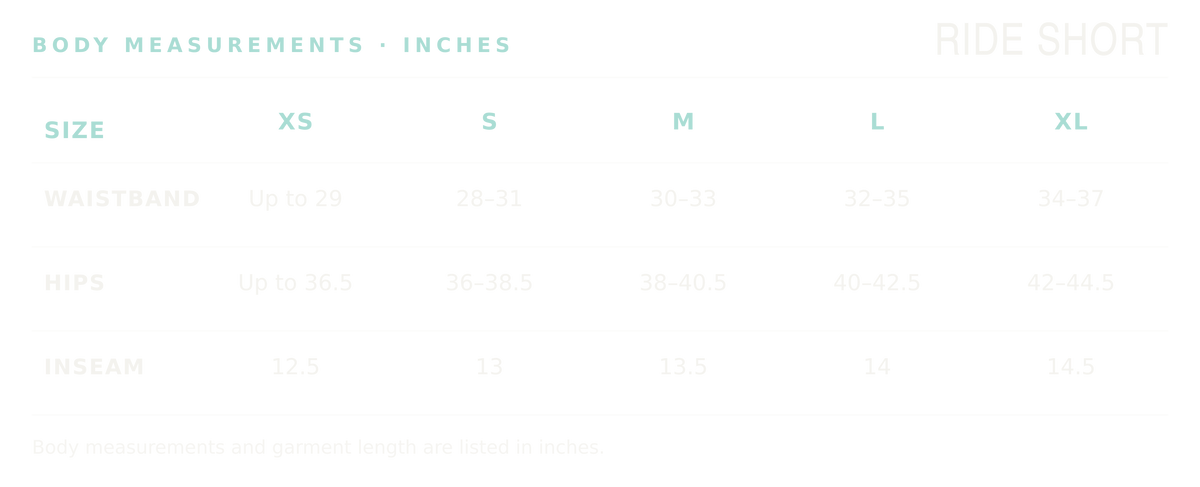 Ride Short body measurements in inches, sizes XS through XL