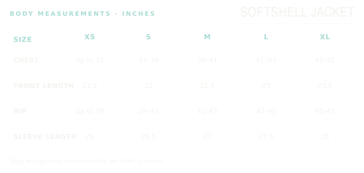Softshell Jacket body and garment measurements in inches, sizes XS through XL