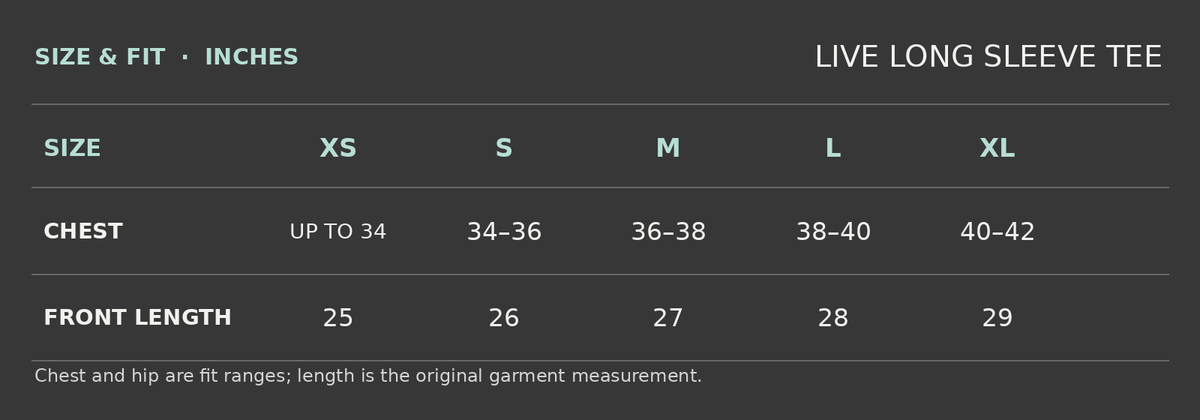 Turn & Burn Long Sleeve size chart in inches for XS, S, M, L, and XL